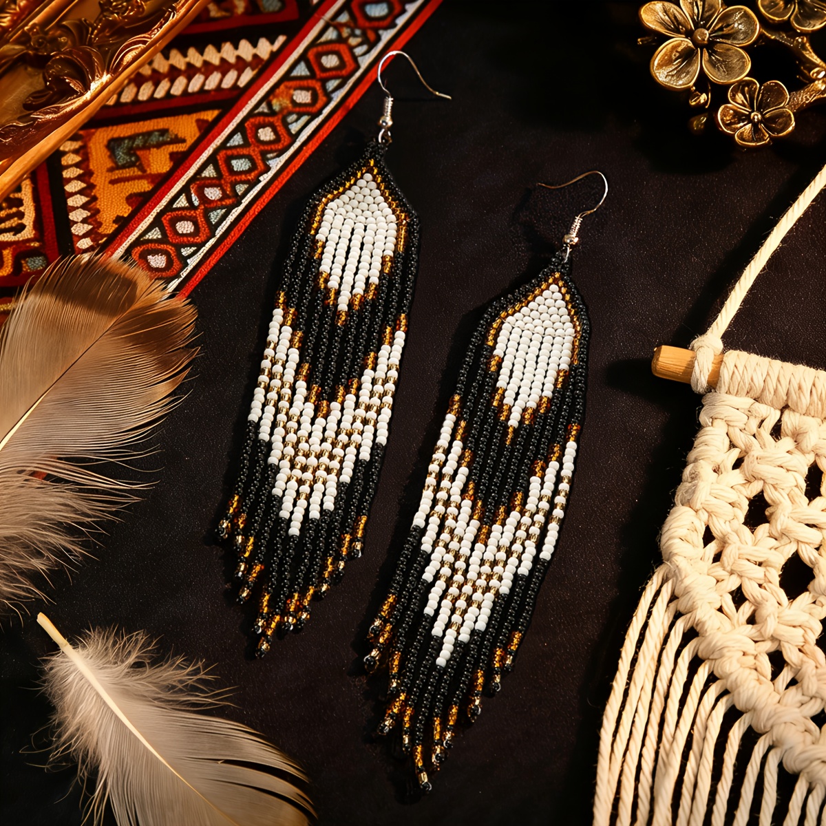 Women's Handmade Beaded Tassel Earrings, Two-Tone Set
